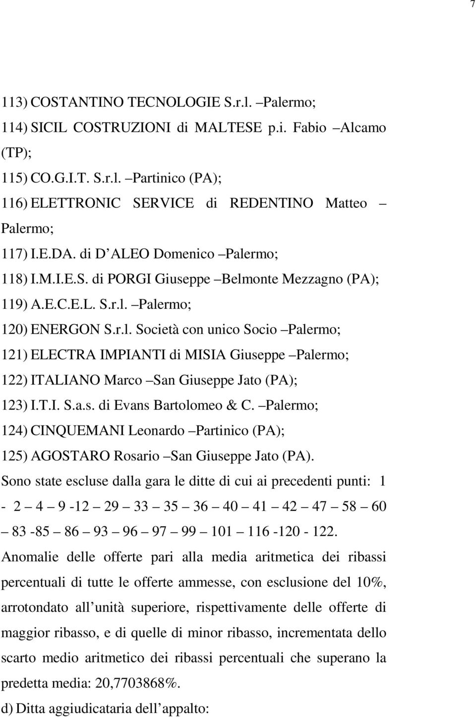 T.I. S.a.s. di Evans Bartolomeo & C. Palermo; 124) CINQUEMANI Leonardo Partinico (PA); 125) AGOSTARO Rosario San Giuseppe Jato (PA).