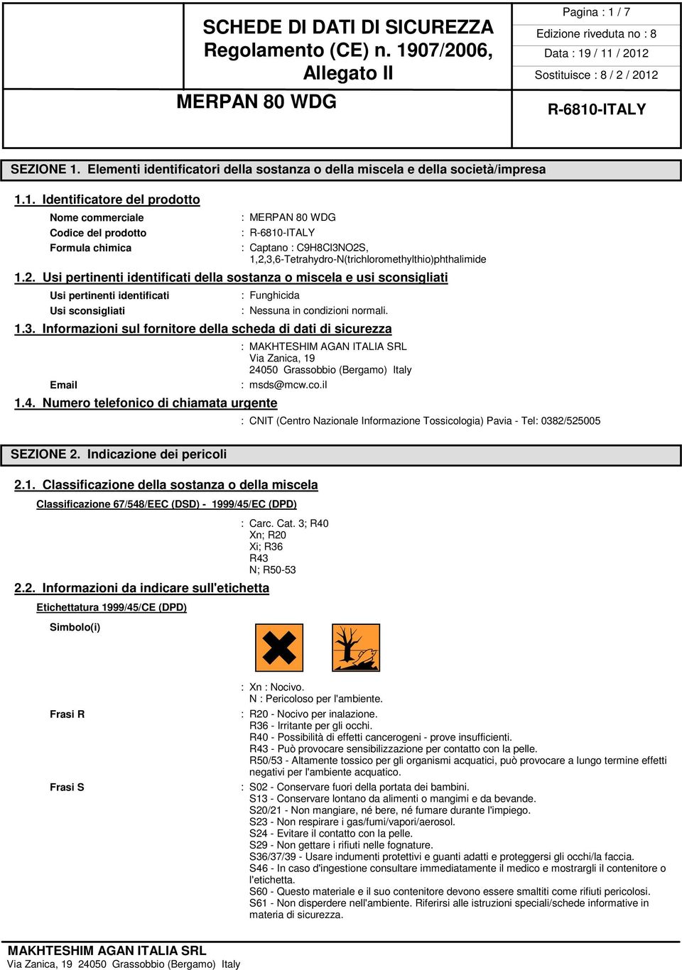 Informazioni sul fornitore della scheda di dati di sicurezza Email 1.4. Numero telefonico di chiamata urgente SEZIONE 2.