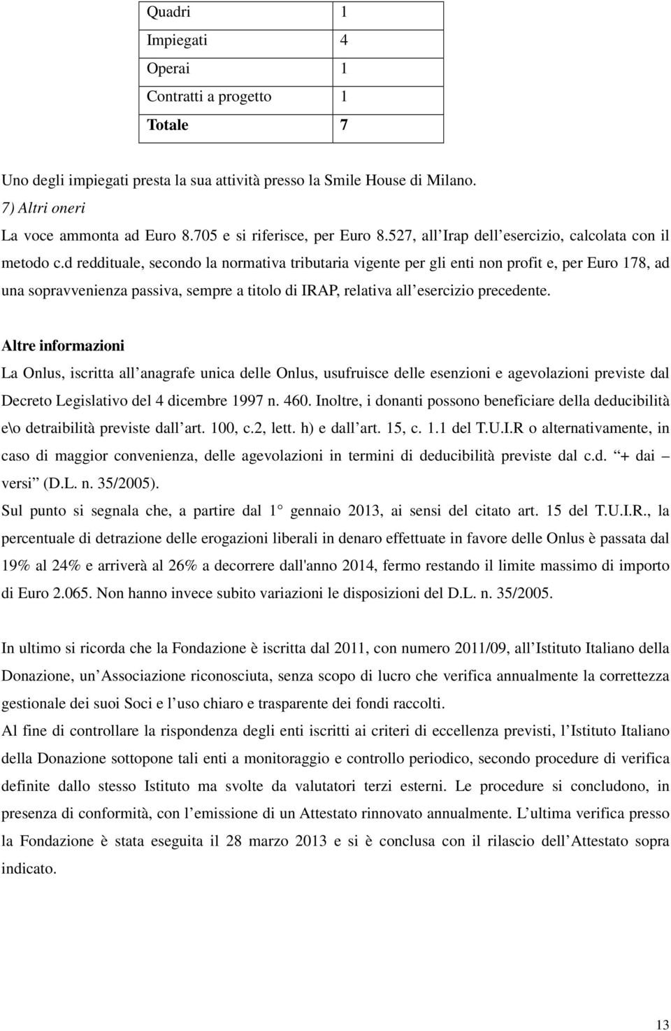 d reddituale, secondo la normativa tributaria vigente per gli enti non profit e, per Euro 178, ad una sopravvenienza passiva, sempre a titolo di IRAP, relativa all esercizio precedente.