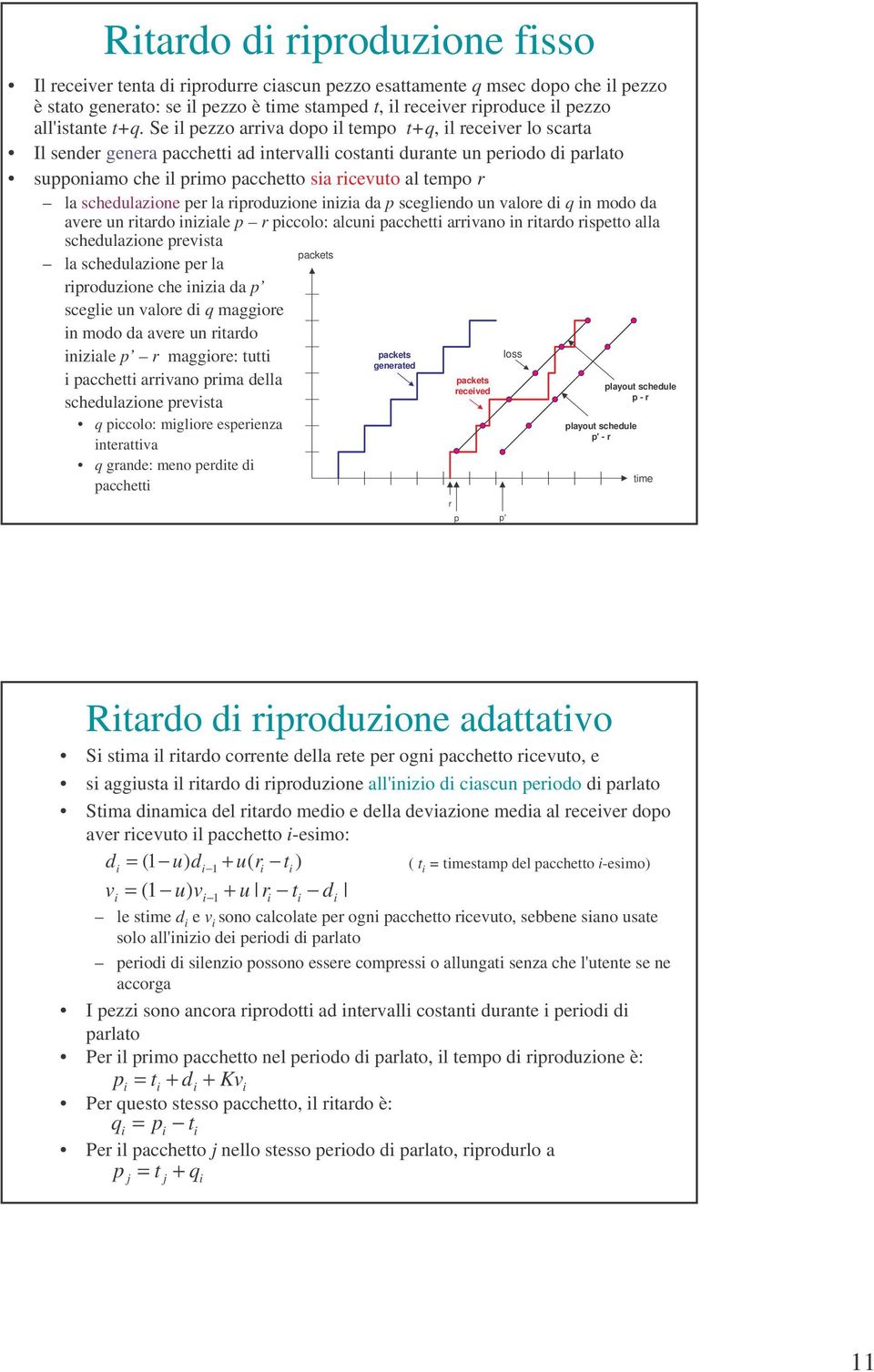 Se il pezzo arriva dopo il tempo t+q, il receiver lo scarta Il sender genera pacchetti ad intervalli costanti durante un periodo di parlato supponiamo che il primo pacchetto sia ricevuto al tempo r