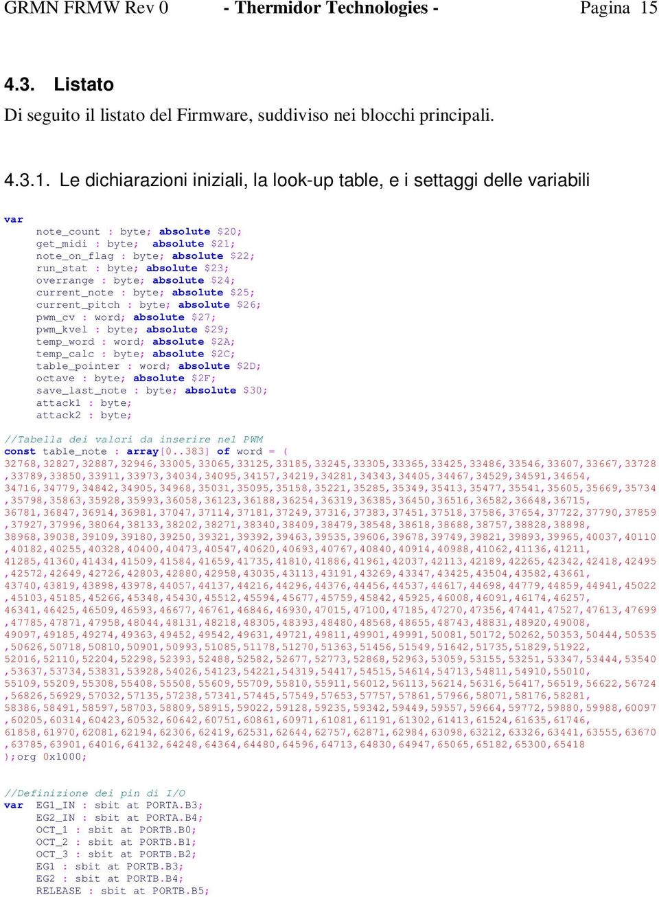 Le dichiarazioni iniziali, la look-up table, e i settaggi delle variabili var note_count : byte; absolute $20; get_midi : byte; absolute $21; note_on_flag : byte; absolute $22; run_stat : byte;