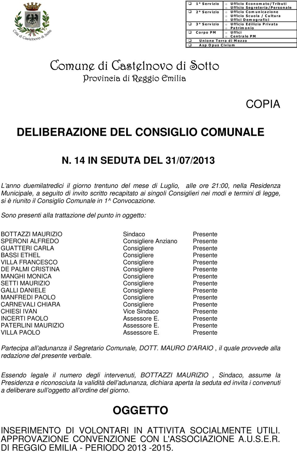 Castelnovo di Sotto Provincia di Reggio Emilia COPIA DELIBERAZIONE DEL CONSIGLIO COMUNALE N.