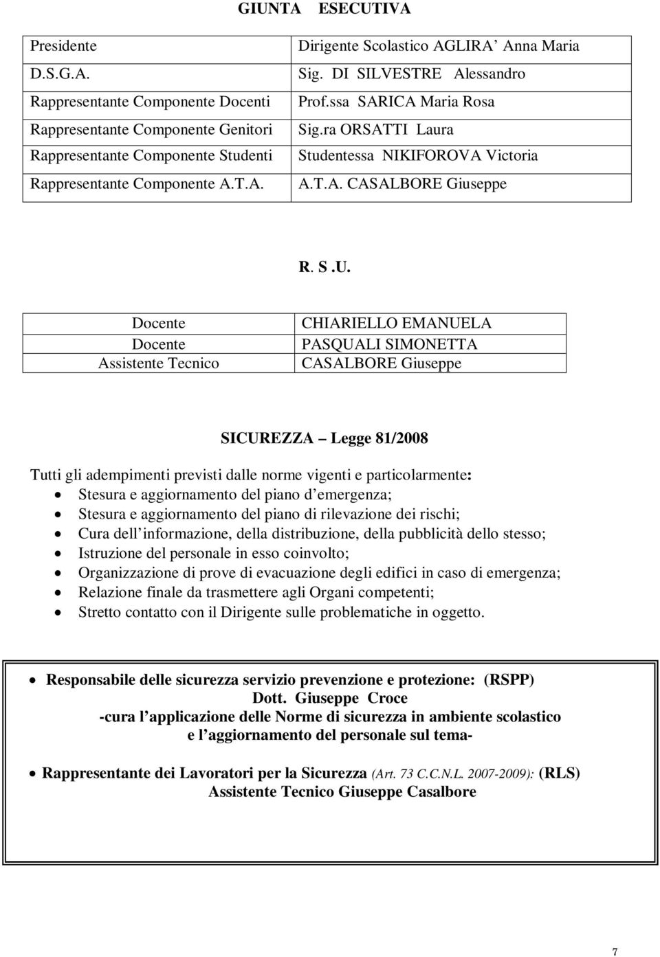 Docente Docente Assistente Tecnico CHIARIELLO EMANUELA PASQUALI SIMONETTA CASALBORE Giuseppe SICUREZZA Legge 81/2008 Tutti gli adempimenti previsti dalle norme vigenti e particolarmente: Stesura e