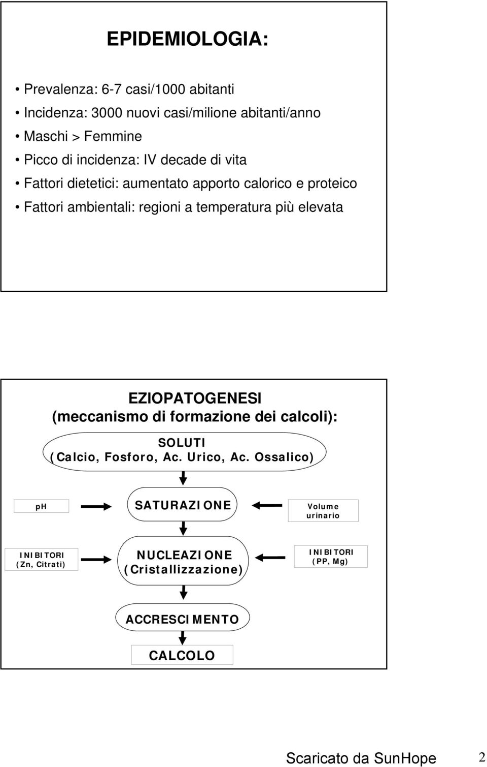 temperatura più elevata EZIOPATOGENESI (meccanismo di formazione dei calcoli): SOLUTI (Calcio, Fosforo, Ac. Urico, Ac.