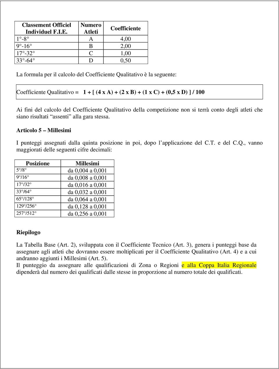 + (0,5 x D) ] / 100 Ai fini del calcolo del Coefficiente Qualitativo della competizione non si terrà conto degli atleti che siano risultati assenti alla gara stessa.