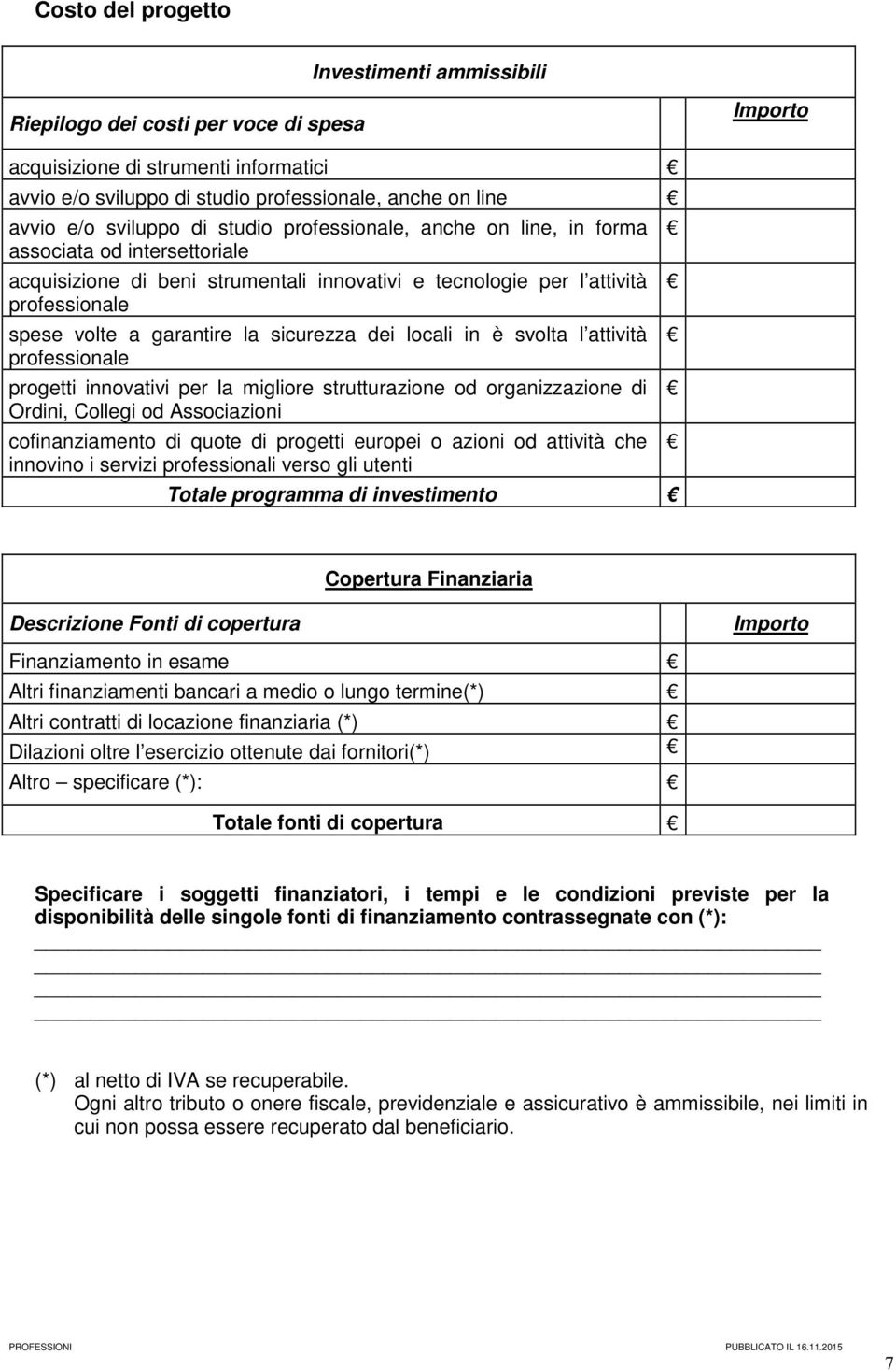 sicurezza dei locali in è svolta l attività professionale progetti innovativi per la migliore strutturazione od organizzazione di Ordini, Collegi od Associazioni cofinanziamento di quote di progetti