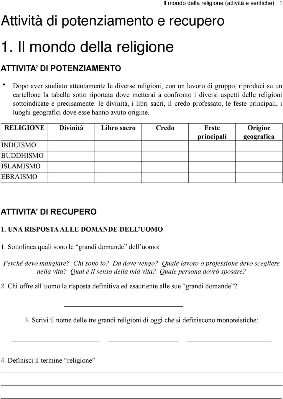 cartellone la tabella sotto riportata dove metterai a confronto i diversi aspetti delle religioni sottoindicate e precisamente: le divinità, i libri sacri, il credo professato, le feste principali, i