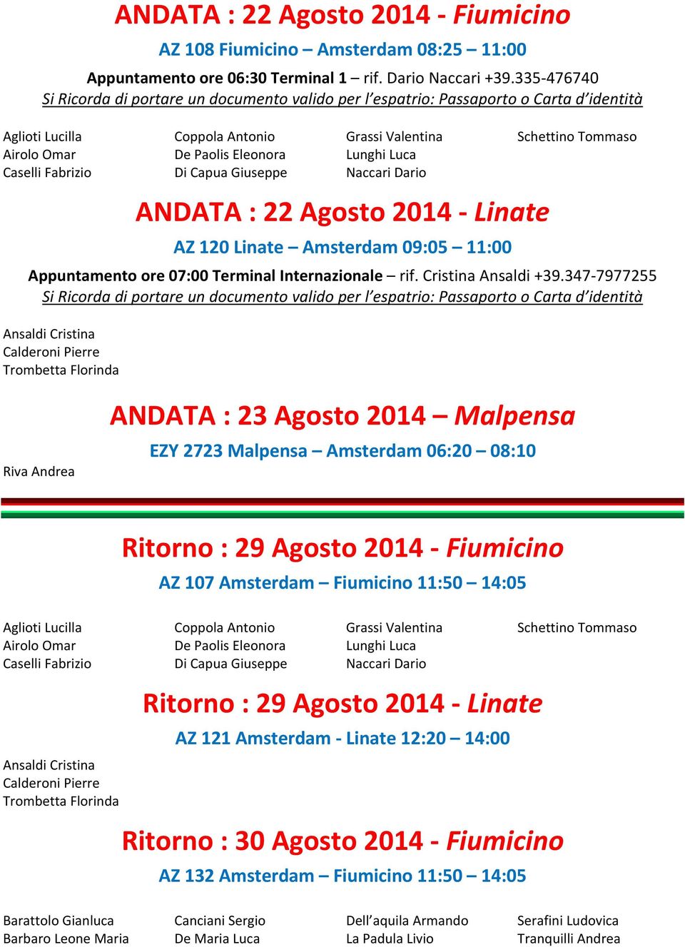 Grassi Valentina Lunghi Luca Naccari Dario ANDATA : 22 Agosto 2014 Linate AZ 120 Linate Amsterdam 09:05 11:00 Schettino Tommaso Appuntamento ore 07:00 Terminal Internazionale rif.