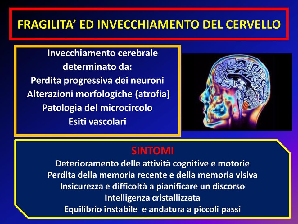 Deterioramento delle attività cognitive e motorie Perdita della memoria recente e della memoria visiva