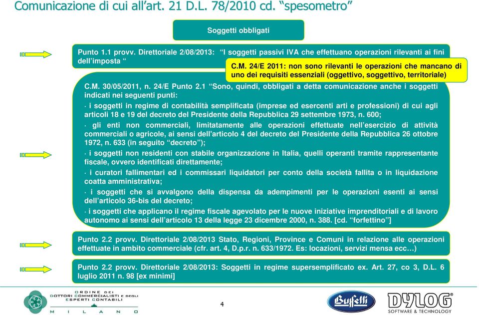 24/E 2011: non sono rilevanti le operazioni che mancano di uno dei requisiti essenziali (oggettivo, soggettivo, territoriale) C.M. 30/05/2011, n. 24/E Punto 2.