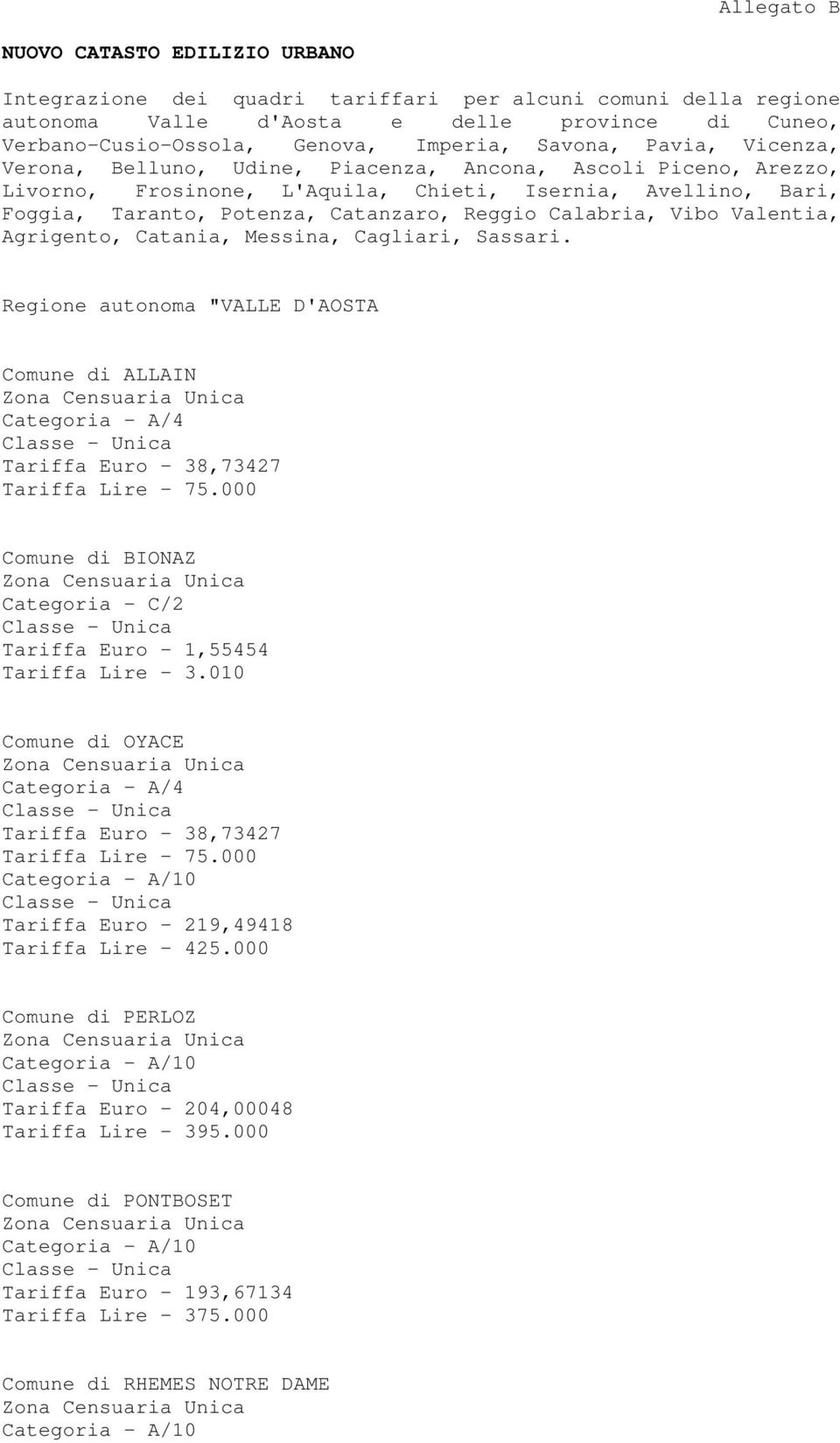 Calabria, Vibo Valentia, Agrigento, Catania, Messina, Cagliari, Sassari. Regione autonoma "VALLE D'AOSTA Comune di ALLAIN Categoria - A/4 Tariffa Euro - 38,73427 Tariffa Lire - 75.