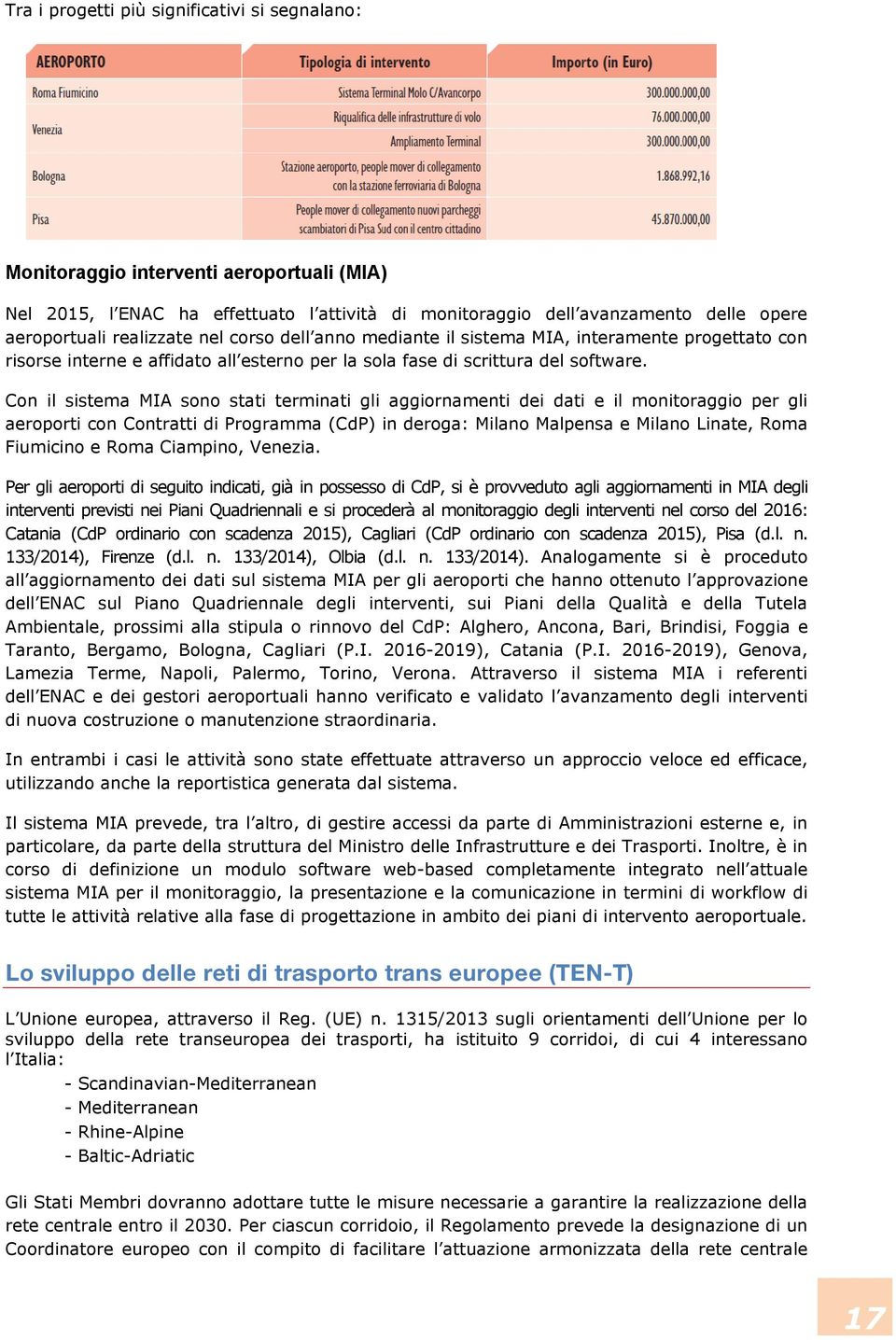 Con il sistema MIA sono stati terminati gli aggiornamenti dei dati e il monitoraggio per gli aeroporti con Contratti di Programma (CdP) in deroga: Milano Malpensa e Milano Linate, Roma Fiumicino e