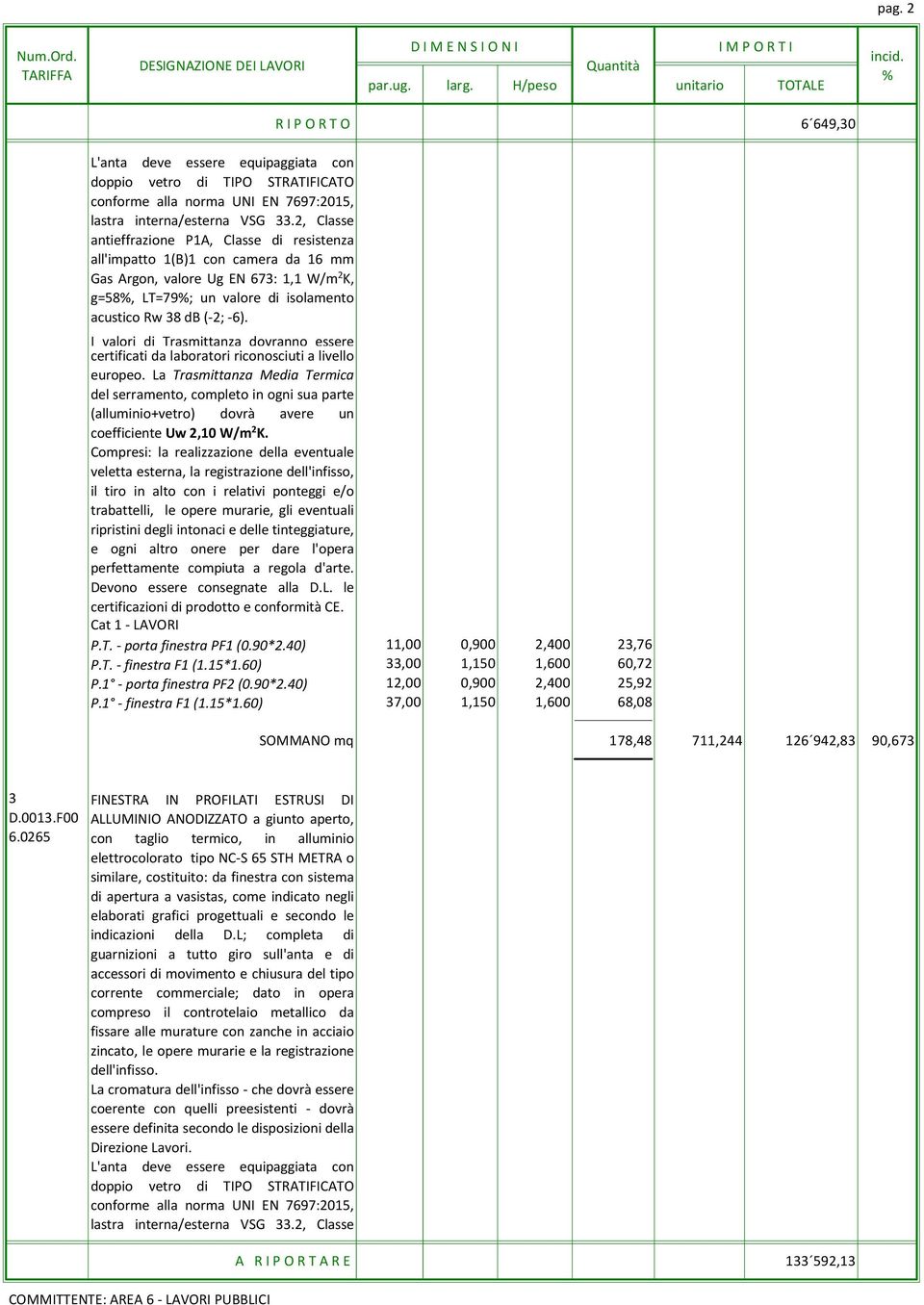 R I P O R T O 6 649,30 I valori di Trasmittanza dovranno essere certificati da laboratori riconosciuti a livello europeo.