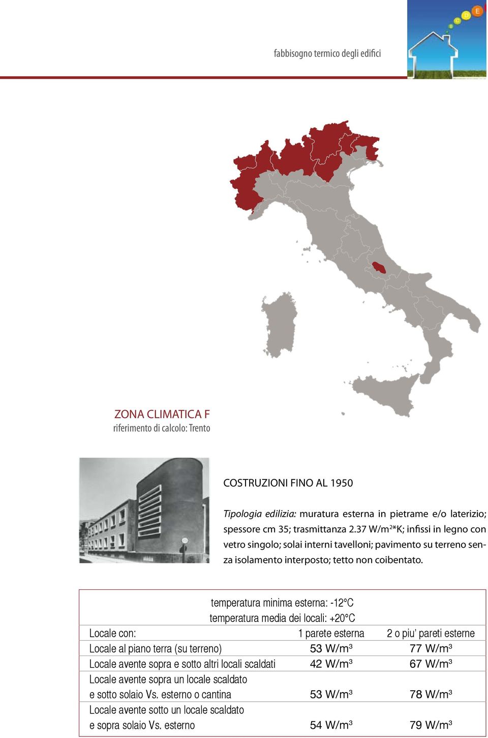 37 W/m 2 *K; infissi in legno con vetro singolo; solai interni tavelloni; pavimento su terreno senza isolamento interposto; tetto non coibentato.