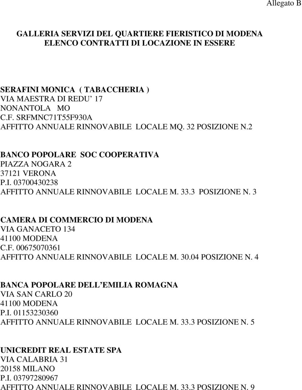 3 CAMERA DI COMMERCIO DI MODENA VIA GANACETO 134 41100 MODENA C.F. 00675070361 AFFITTO ANNUALE RINNOVABILE LOCALE M. 30.04 POSIZIONE N.