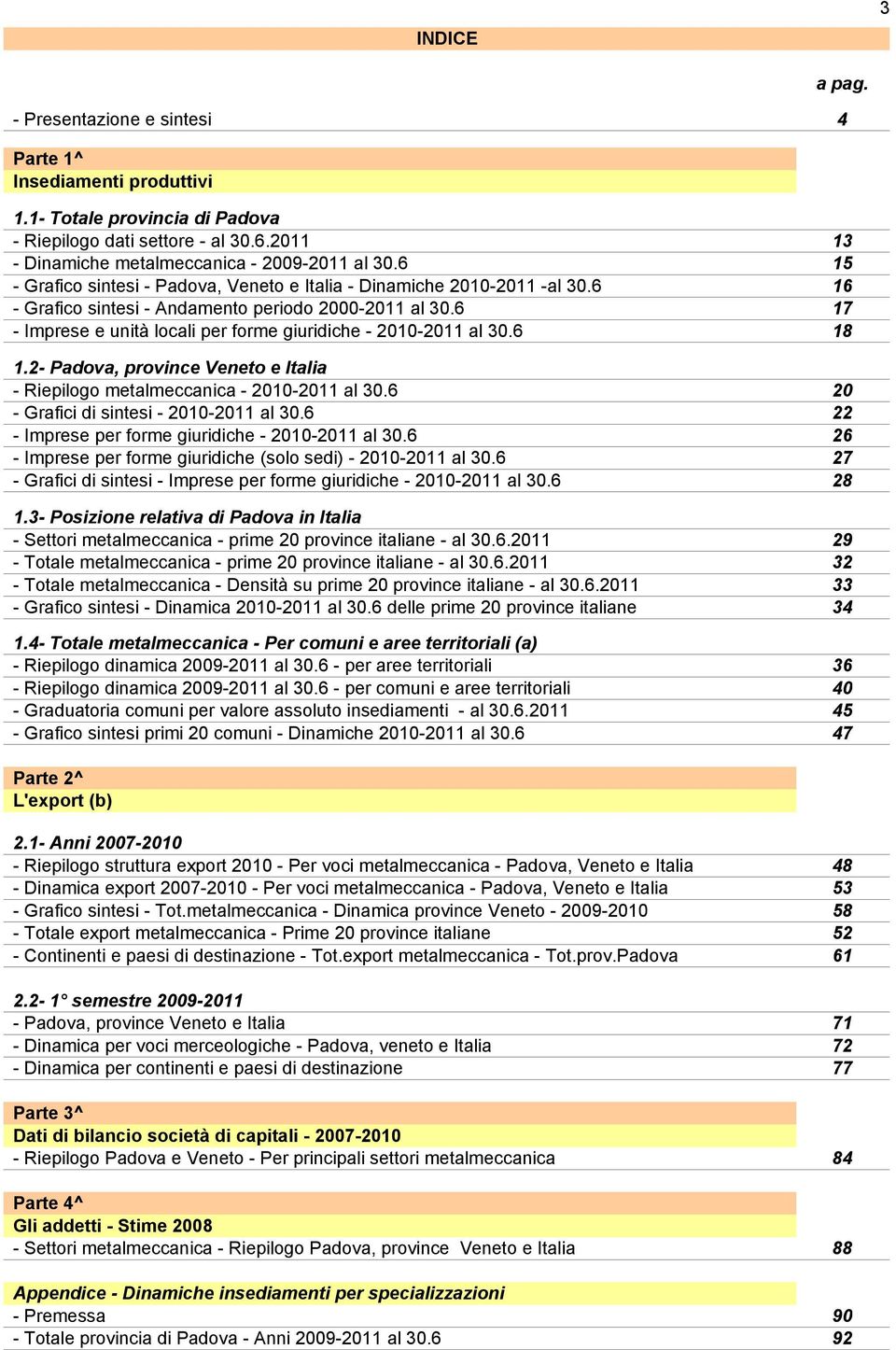 6 17 - Imprese e unità locali per forme giuridiche - 2010-2011 al 30.6 18 1.2- Padova, province Veneto e Italia - Riepilogo metalmeccanica - 2010-2011 al 30.