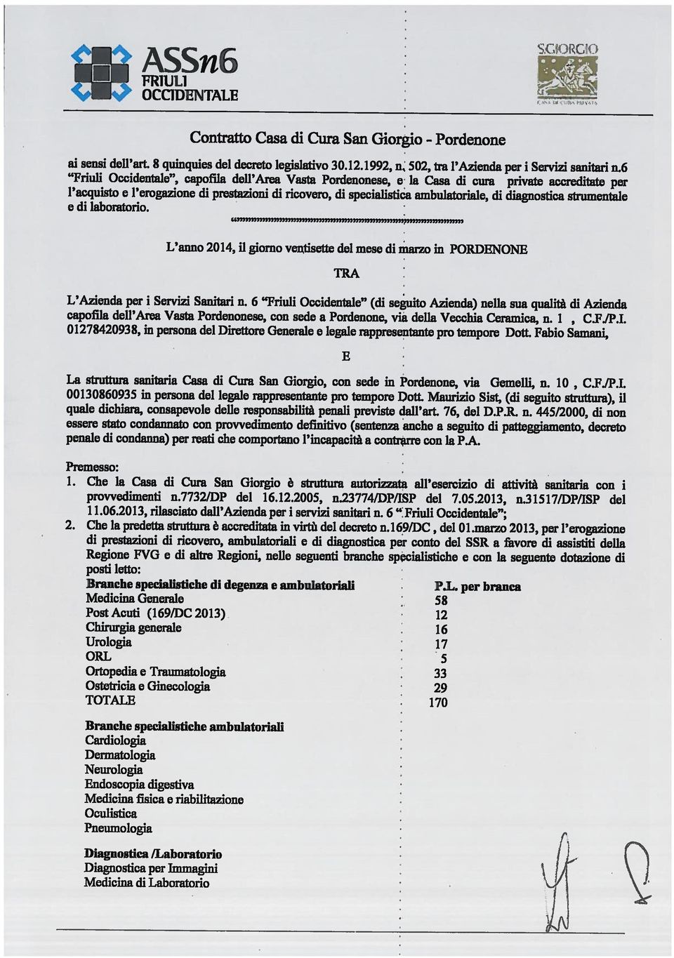 6 Contratto Casa di Cura San Giorgio - Pordenone Diagnostica per Immagini Medicina di Laboratorio Diagnostica /Laboratorio Cardiologia Dermatologia Endoscopia digestiva Neurologia Medicina fisica e