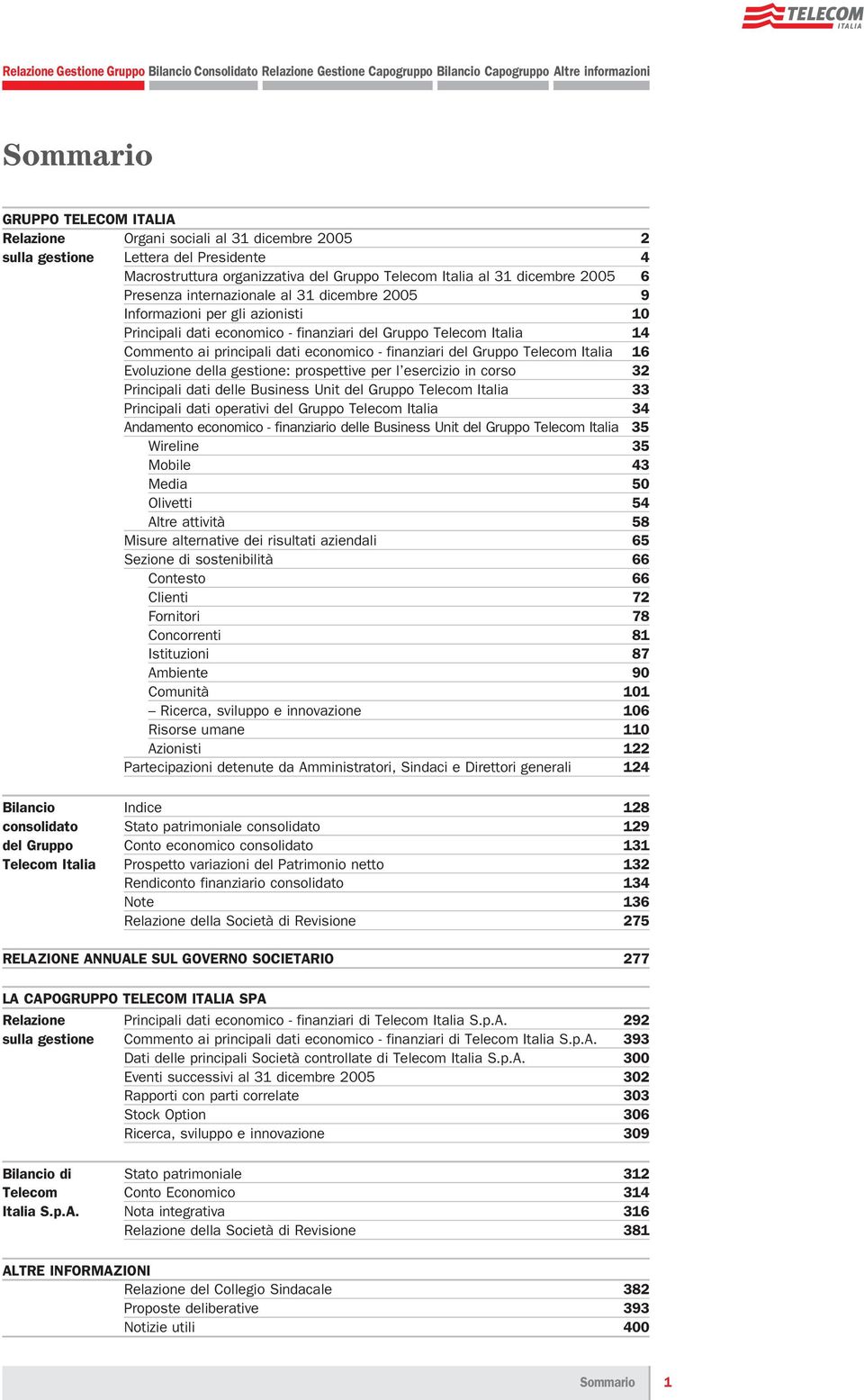 del Gruppo Telecom Italia 16 Evoluzione della gestione: prospettive per l esercizio in corso 32 Principali dati delle Business Unit del Gruppo Telecom Italia 33 Principali dati operativi del Gruppo