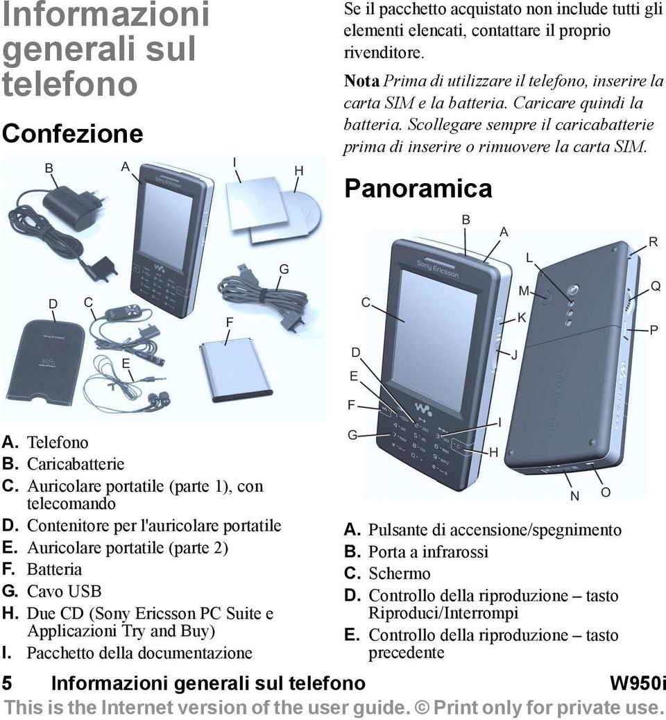 Panoramica D C E F G D E C B A J M K L R Q P A. Telefono B. Caricabatterie C. Auricolare portatile (parte 1), con telecomando D. Contenitore per l'auricolare portatile E.