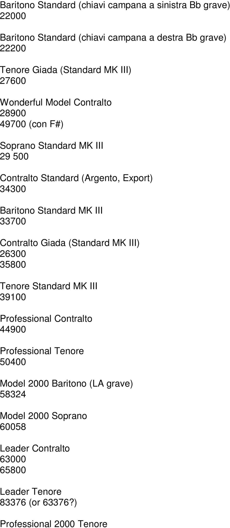 Standard MK III 33700 Contralto Giada (Standard MK III) 26300 35800 Tenore Standard MK III 39100 Professional Contralto 44900 Professional Tenore