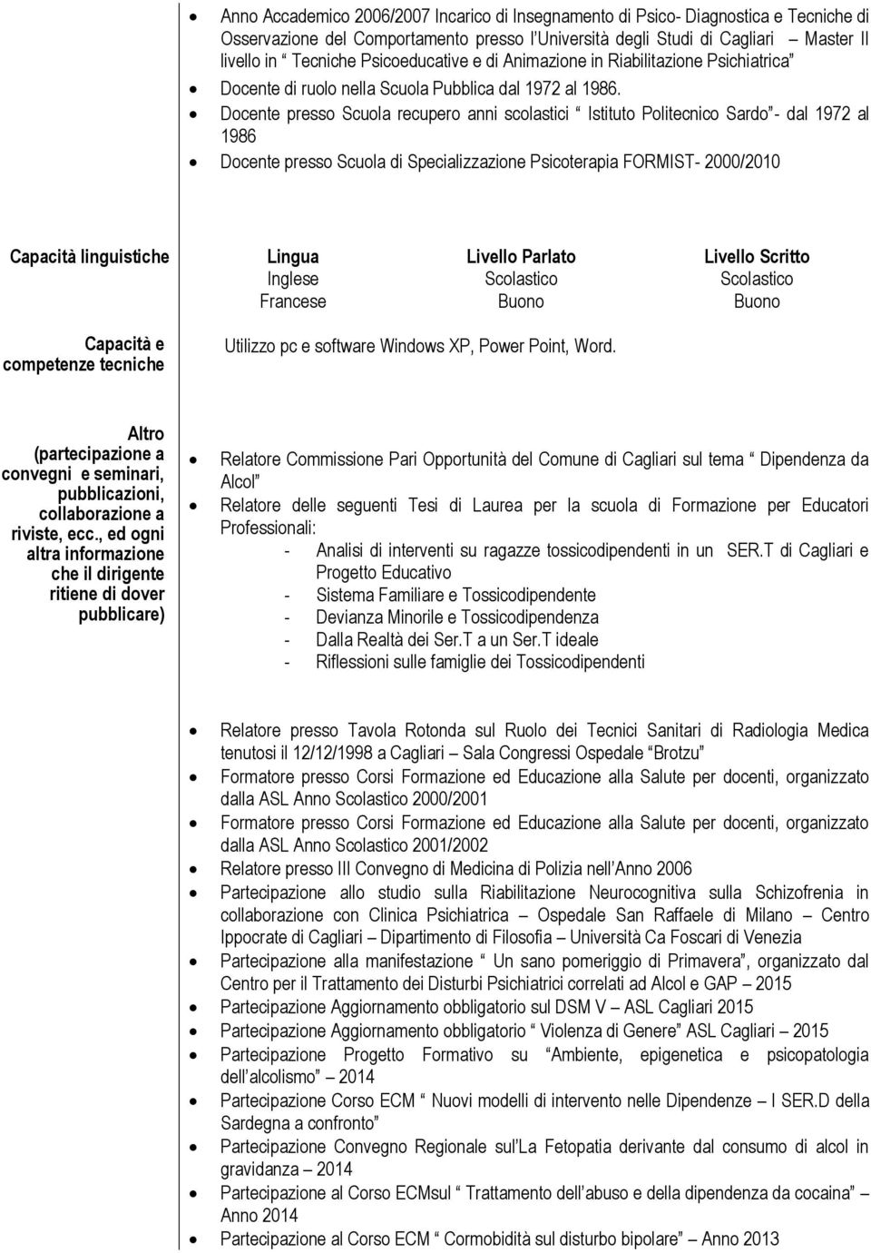 Docente presso Scuola recupero anni scolastici Istituto Politecnico Sardo - dal 1972 al 1986 Docente presso Scuola di Specializzazione Psicoterapia FORMIST- 2000/2010 Capacità linguistiche Lingua