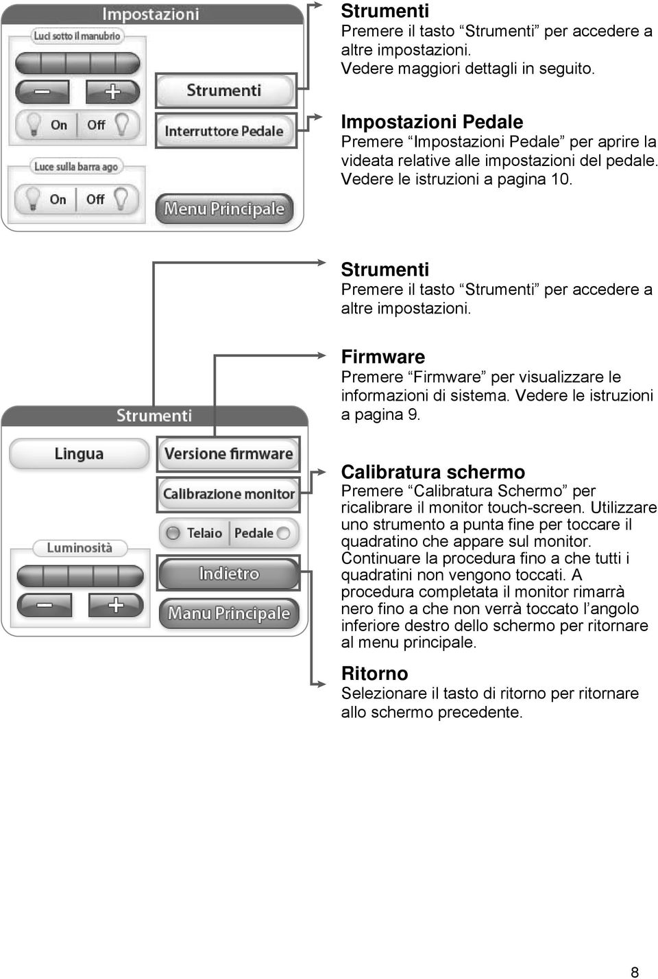 Strumenti Premere il tasto Strumenti per accedere a altre impostazioni. Firmware Premere Firmware per visualizzare le informazioni di sistema. Vedere le istruzioni a pagina 9.