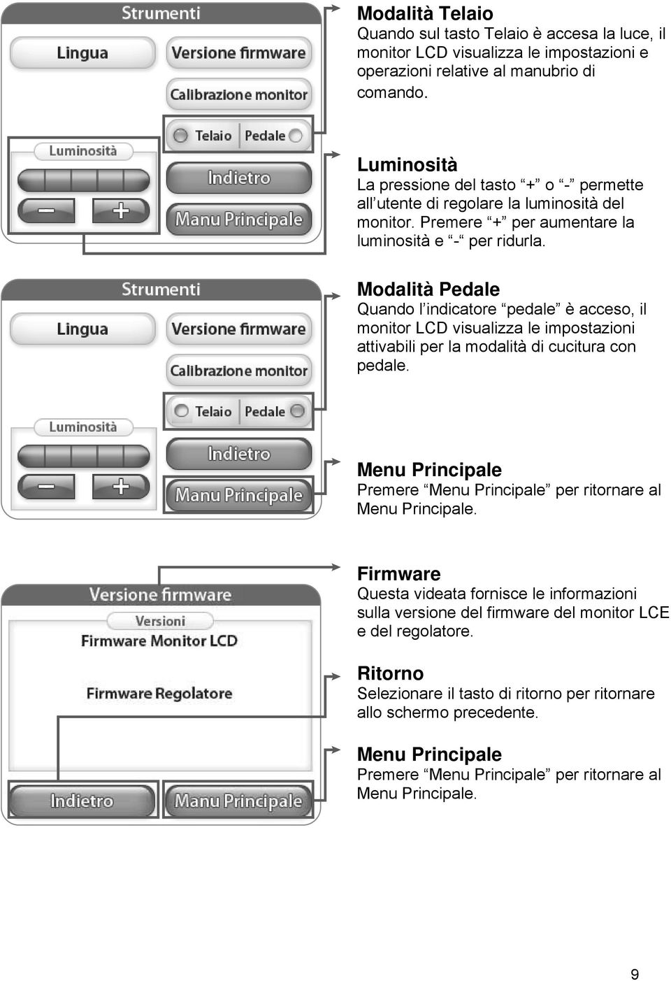 Modalità Pedale Quando l indicatore pedale è acceso, il monitor LCD visualizza le impostazioni attivabili per la modalità di cucitura con pedale.