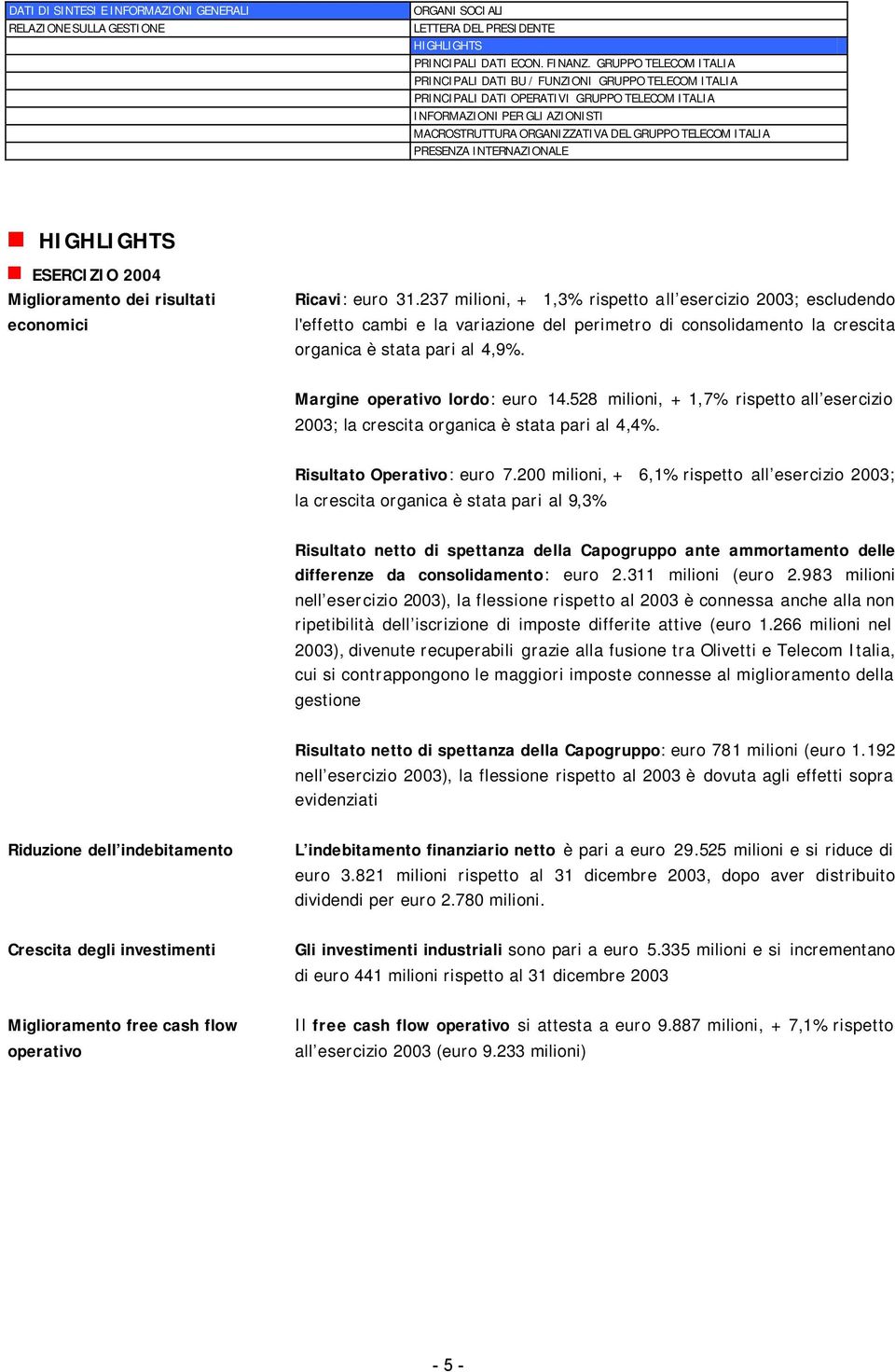 TELECOM ITALIA PRESENZA INTERNAZIONALE HIGHLIGHTS ESERCIZIO 2004 Miglioramento dei risultati economici Ricavi: euro 31.