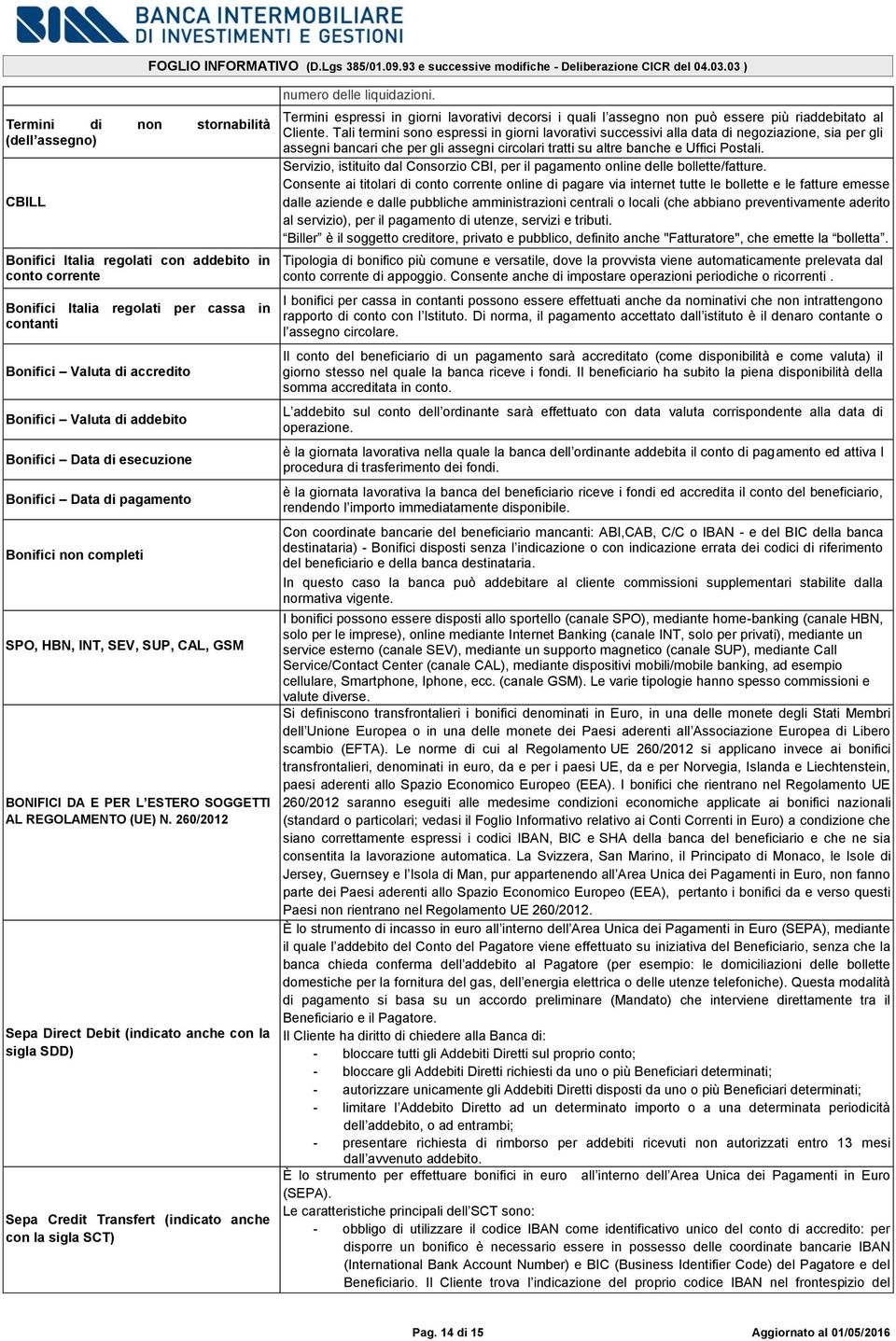 260/2012 Sepa Direct Debit (indicato anche con la sigla SDD) Sepa Credit Transfert (indicato anche con la sigla SCT) numero delle liquidazioni.