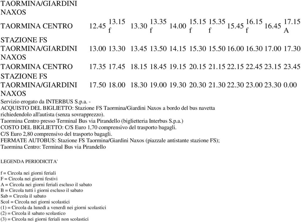 o da INTERBUS S.p.a. - ACQUISTO DEL BIGLIETTO: Stazione S Taormina/Giardini Naxos a bordo del bus navetta richiedendolo all'autista (senza sovrapprezzo).