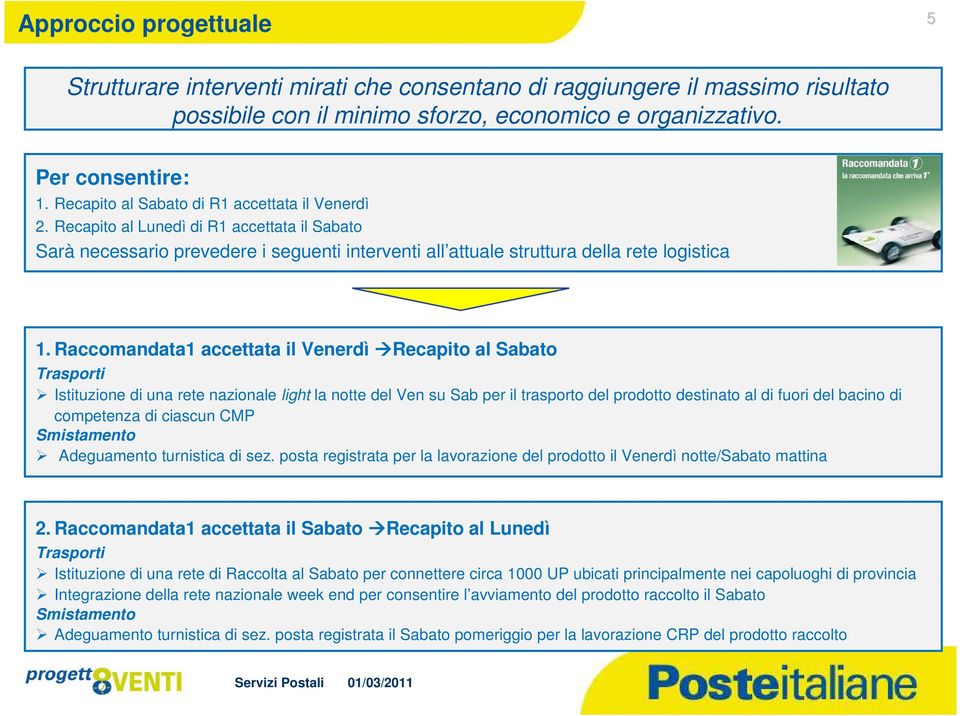 Raccomandata1 accettata il Venerdì Recapito al Sabato Trasporti Istituzione di una rete nazionale light la notte del Ven su Sab per il trasporto del prodotto destinato al di fuori del bacino di