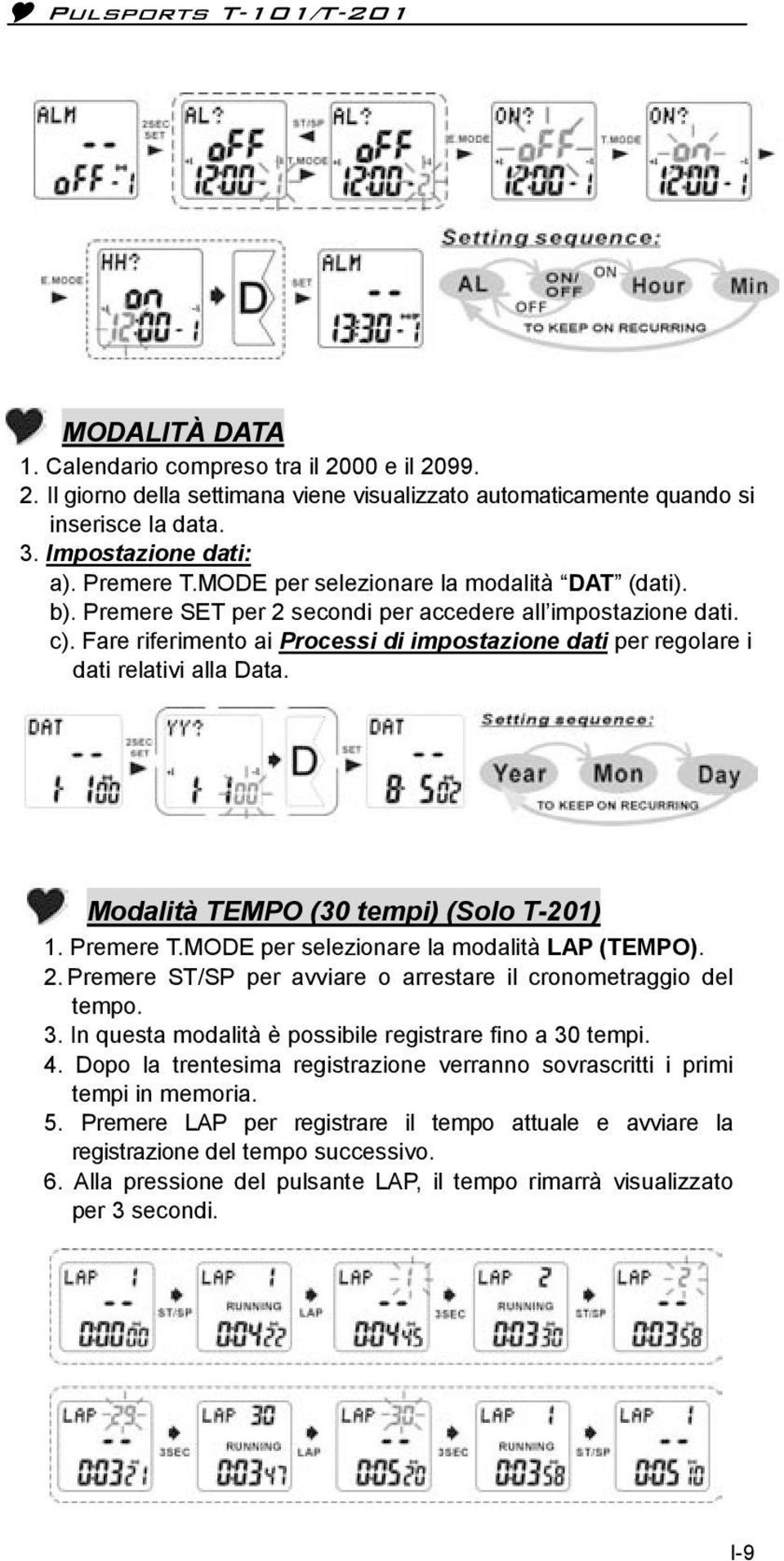 Fare riferimento ai Processi di impostazione dati per regolare i dati relativi alla Data. Modalità TEMPO (30 tempi) (Solo T-201) 1. Premere T.MODE per selezionare la modalità LAP (TEMPO). 2.