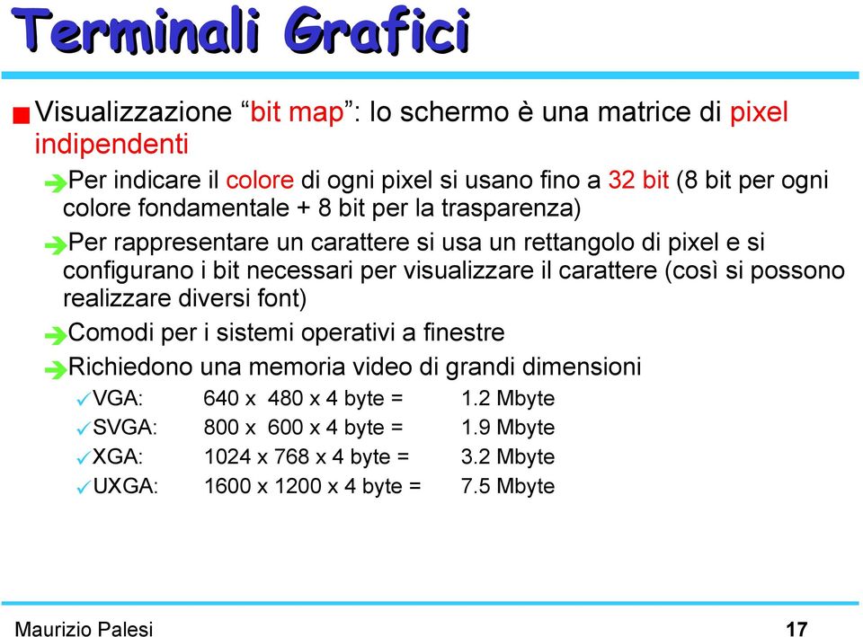 visualizzare il carattere (così si possono realizzare diversi font) Comodi per i sistemi operativi a finestre Richiedono una memoria video di grandi dimensioni