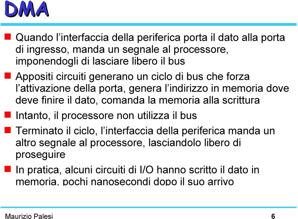 memoria alla scrittura Intanto, il processore non utilizza il bus Terminato il ciclo, l interfaccia della periferica manda un altro segnale al