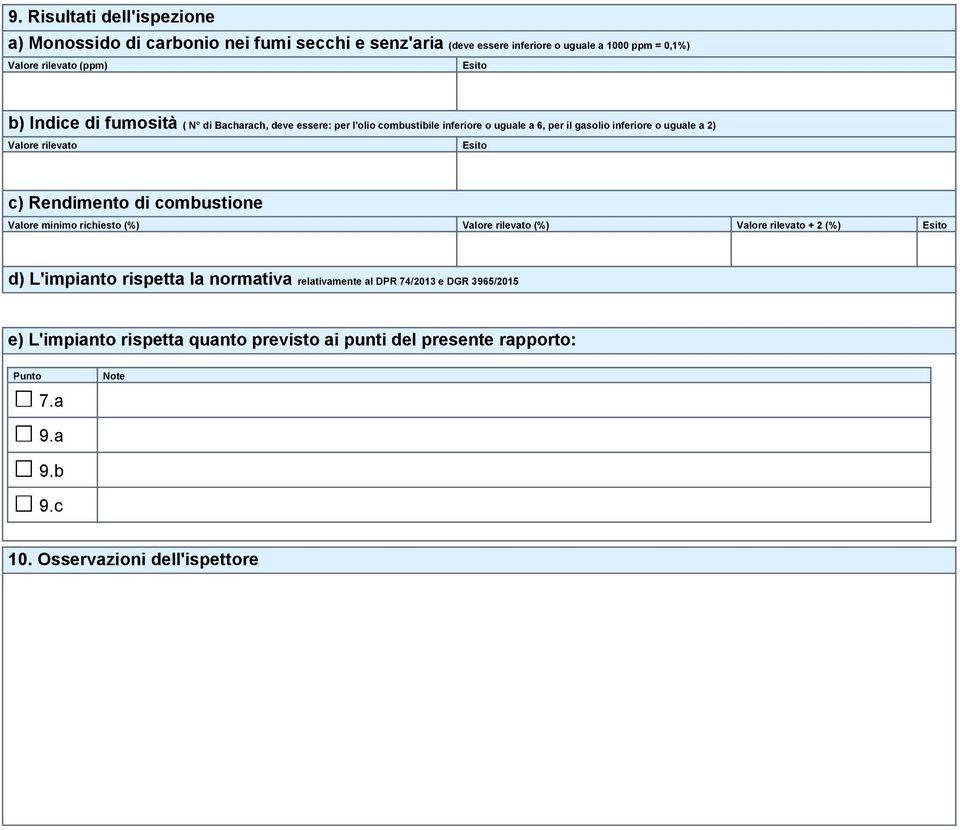 Esito c) Rendimento di combustione Valore minimo richiesto (%) Valore rilevato (%) Valore rilevato + 2 (%) Esito d) L'impianto rispetta la normativa
