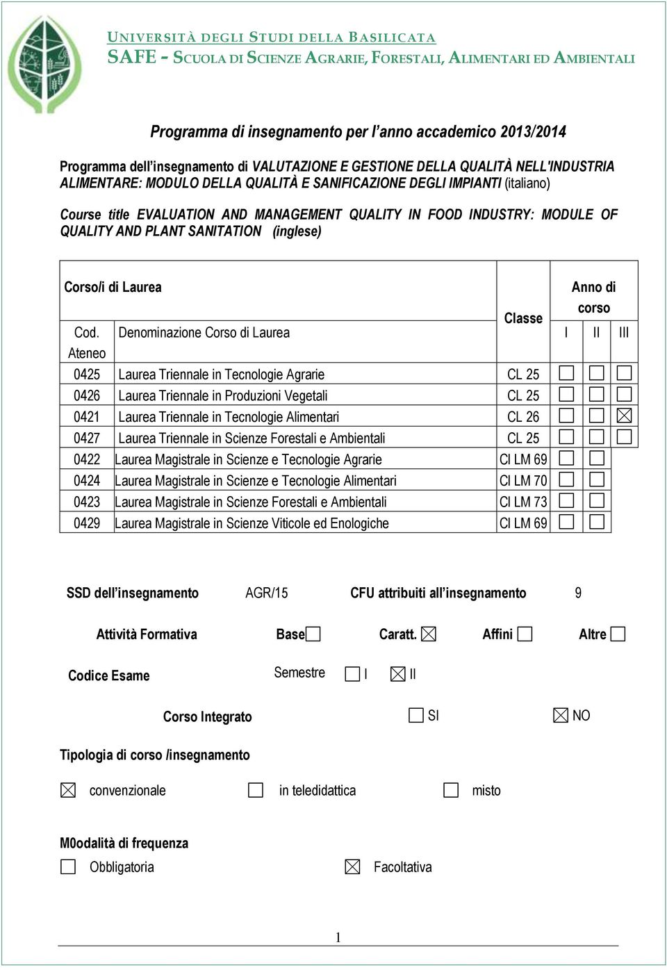 Denominazione Corso di Laurea I II III Ateneo 0425 Laurea Triennale in Tecnologie Agrarie CL 25 0426 Laurea Triennale in Produzioni Vegetali CL 25 0421 Laurea Triennale in Tecnologie Alimentari CL 26