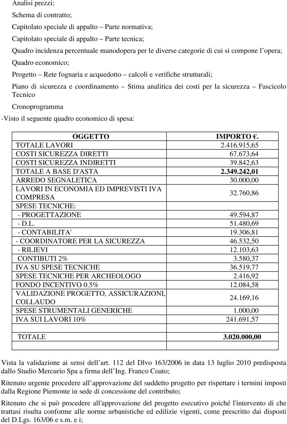 Tecnico Cronoprogramma -Visto il seguente quadro economico di spesa: OGGETTO IMPORTO. TOTALE LAVORI 2.416.915,65 COSTI CUREZZA DIRETTI 67.673,64 COSTI CUREZZA INDIRETTI 39.