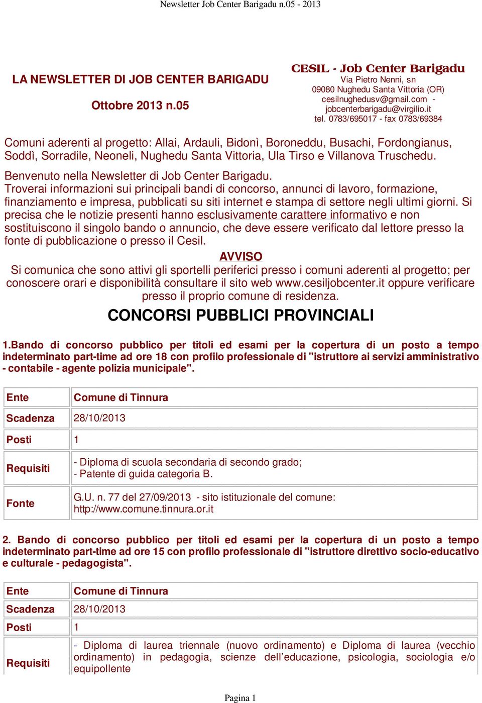 Benvenuto nella Newsletter di Job Center Barigadu.