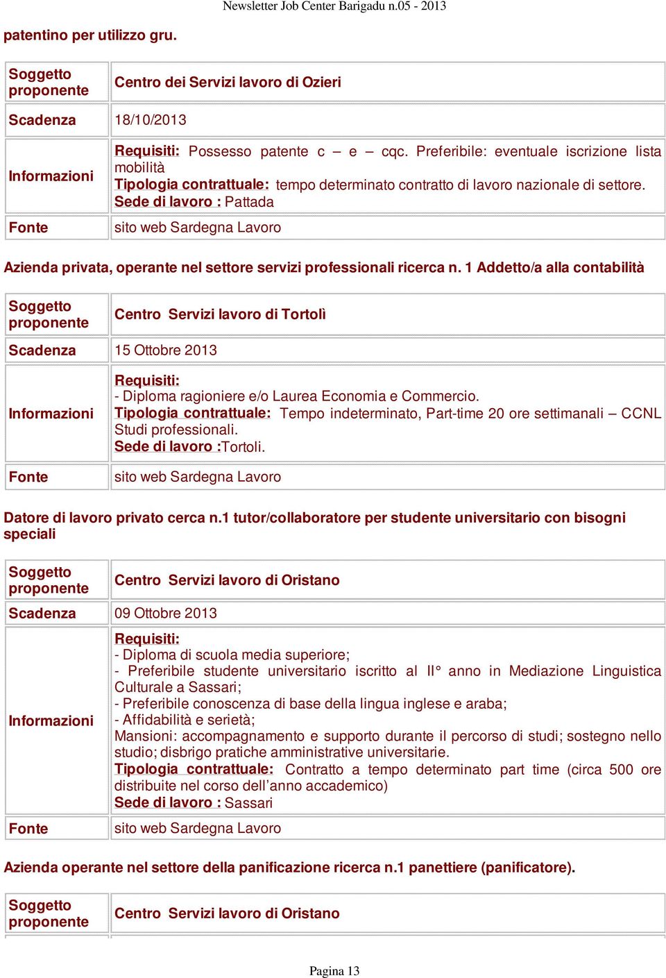Sede di lavoro : Pattada sito web Sardegna Lavoro Azienda privata, operante nel settore servizi professionali ricerca n.