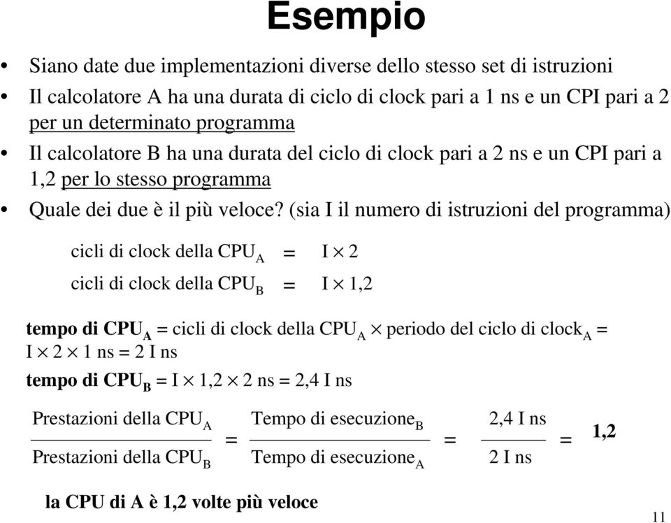 (sia I il numero di istruzioni del programma) cicli di clock della CPU A I 2 cicli di clock della CPU B I 1,2 tempo di CPU A = cicli di clock della CPU A periodo del ciclo di clock