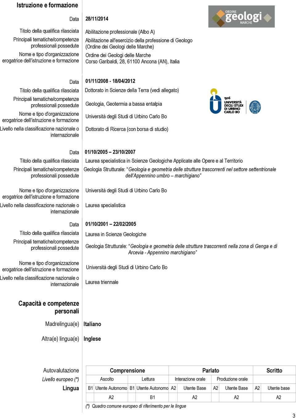 01/10/2005 23/10/2007 Laurea specialistica in Scienze Geologiche Applicate alle Opere e al Territorio Geologia Strutturale: Geologia e geometria delle strutture trascorrenti nel settore