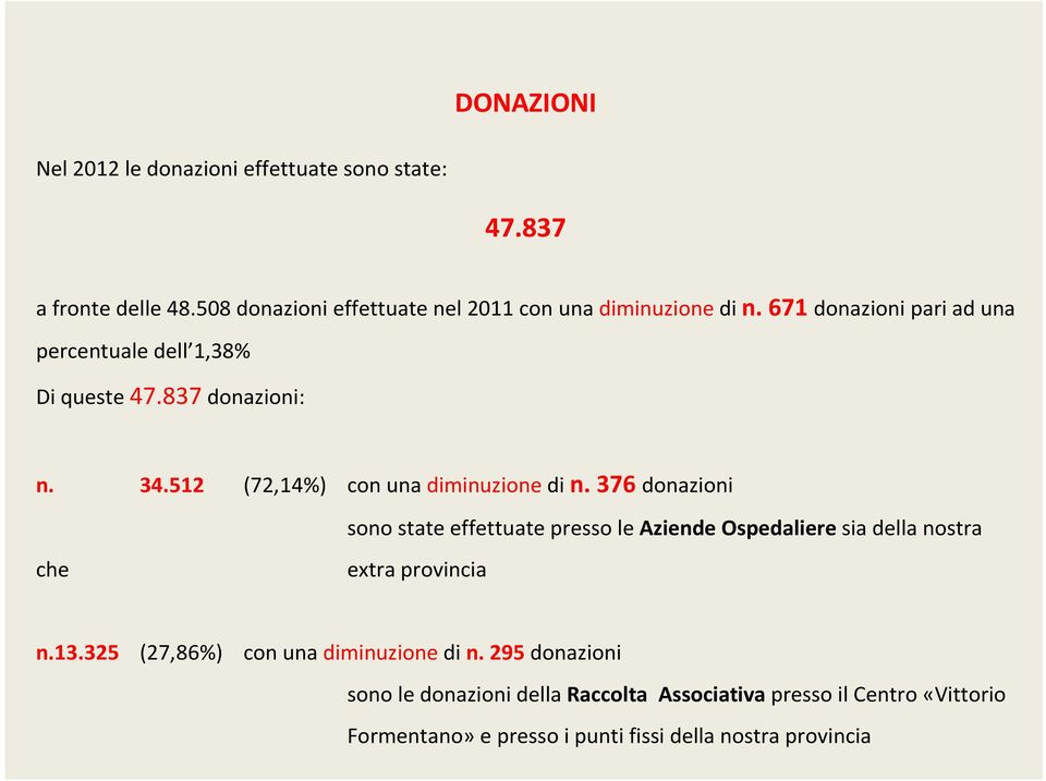 837 donazioni: n. 34.512 (72,14%) con una diminuzione di n.