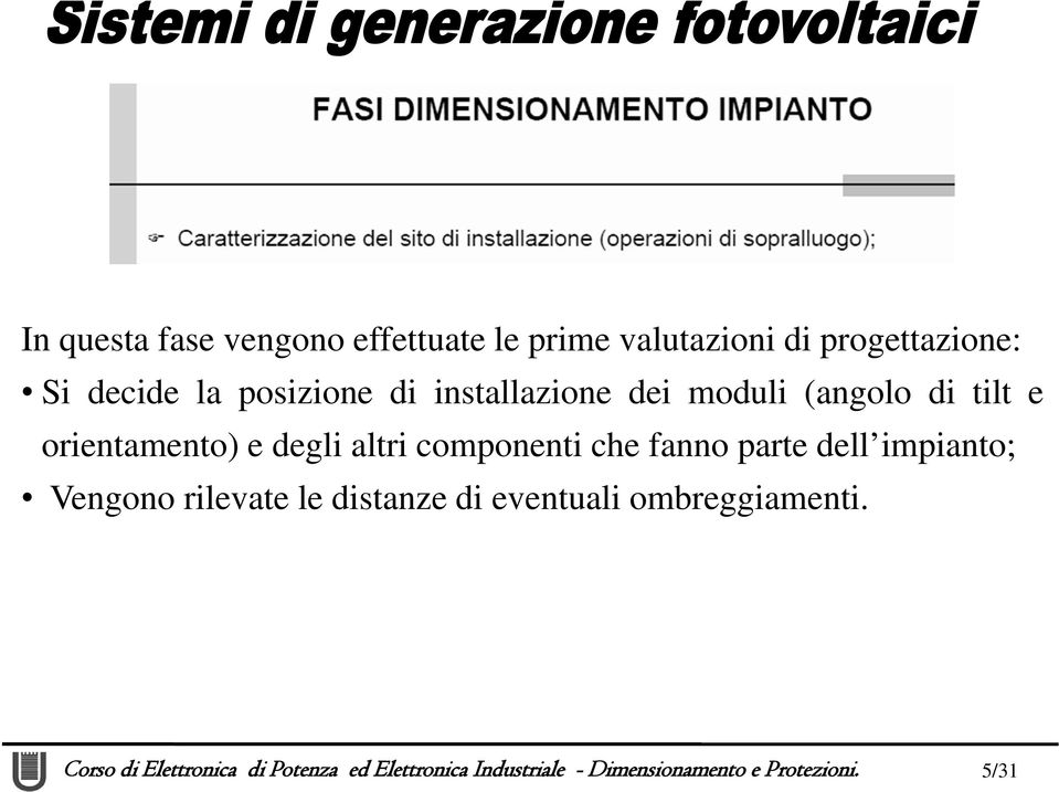 (angolo di tilt e orientamento) e degli altri componenti che fanno