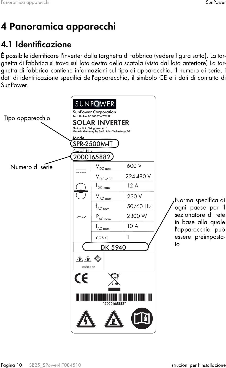 identificazione specifici dell'apparecchio, il simbolo CE e i dati di contatto di SunPower.