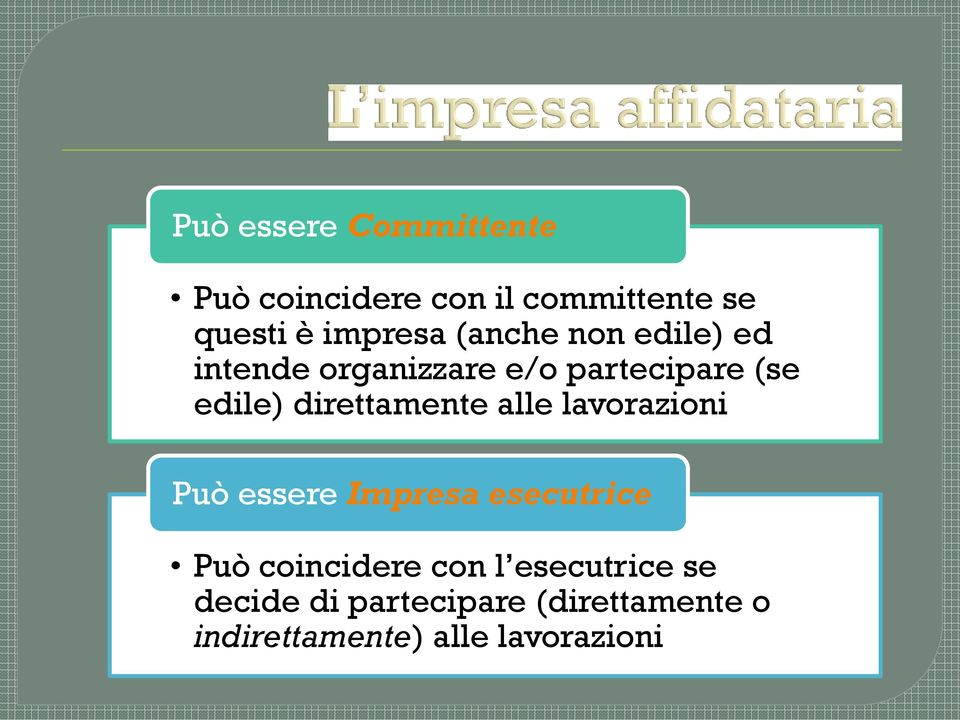 direttamente alle lavorazioni Può essere Impresa esecutrice Può coincidere