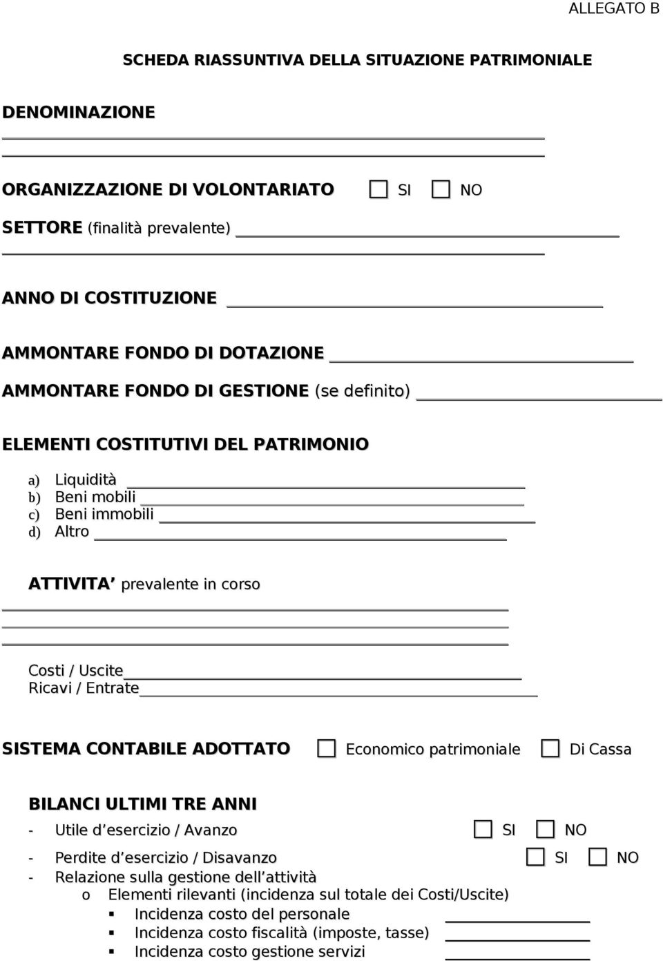 Uscite Ricavi / Entrate SISTEMA CONTABILE ADOTTATO Economico patrimoniale Di Cassa BILANCI ULTIMI TRE ANNI - Utile d esercizio / Avanzo - Perdite d esercizio / Disavanzo - Relazione