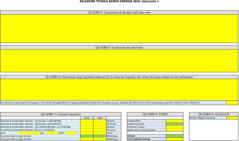 ex-post, riportare tale differenza in termini percentuale (calcolata rispetto ai valori effettivi) % QUADRO 7: Consumi energetici QUADRO 8: COSTI QUADRO 9: ALLEGATI prima dopo Numero allegati
