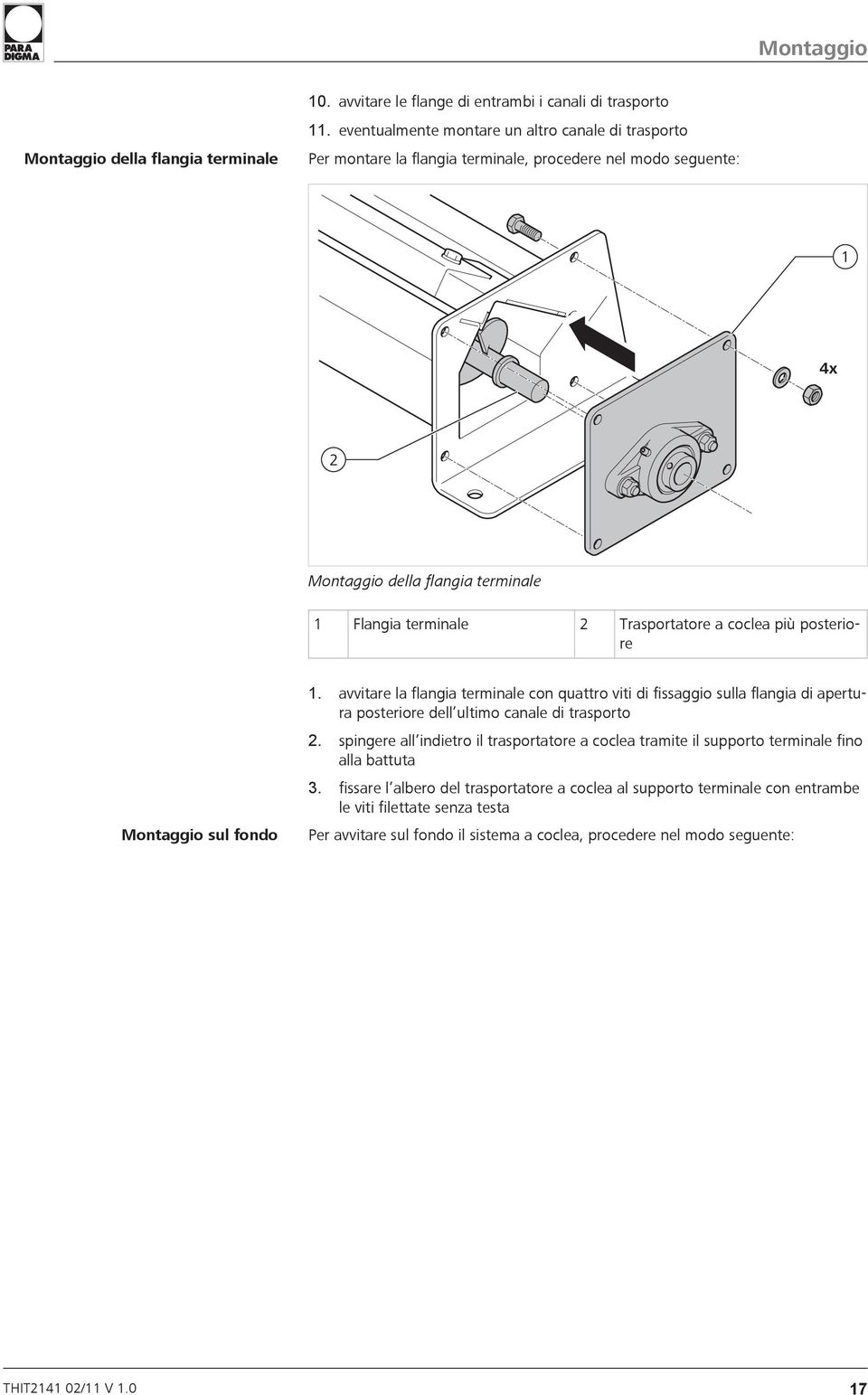 coclea più posteriore Montaggio sul fondo 1. avvitare la flangia terminale con quattro viti di fissaggio sulla flangia di apertura posteriore dell ultimo canale di trasporto 2.