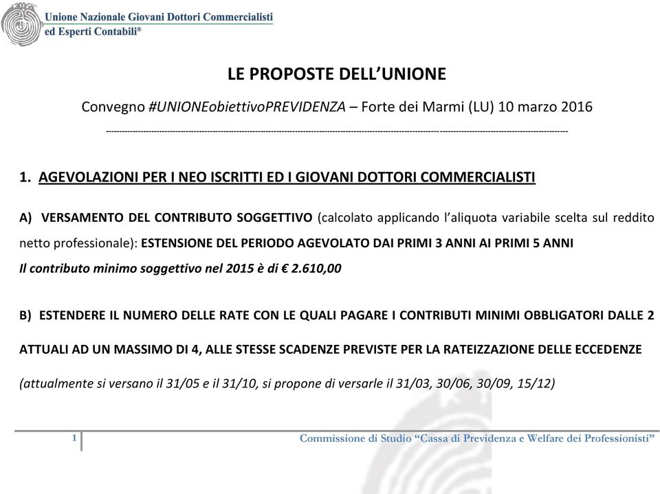 AGEVOLAZIONI PER I NEO ISCRITTI ED I GIOVANI DOTTORI COMMERCIALISTI A) VERSAMENTO DEL CONTRIBUTO SOGGETTIVO (calcolato applicando l aliquota variabile scelta sul reddito netto professionale):