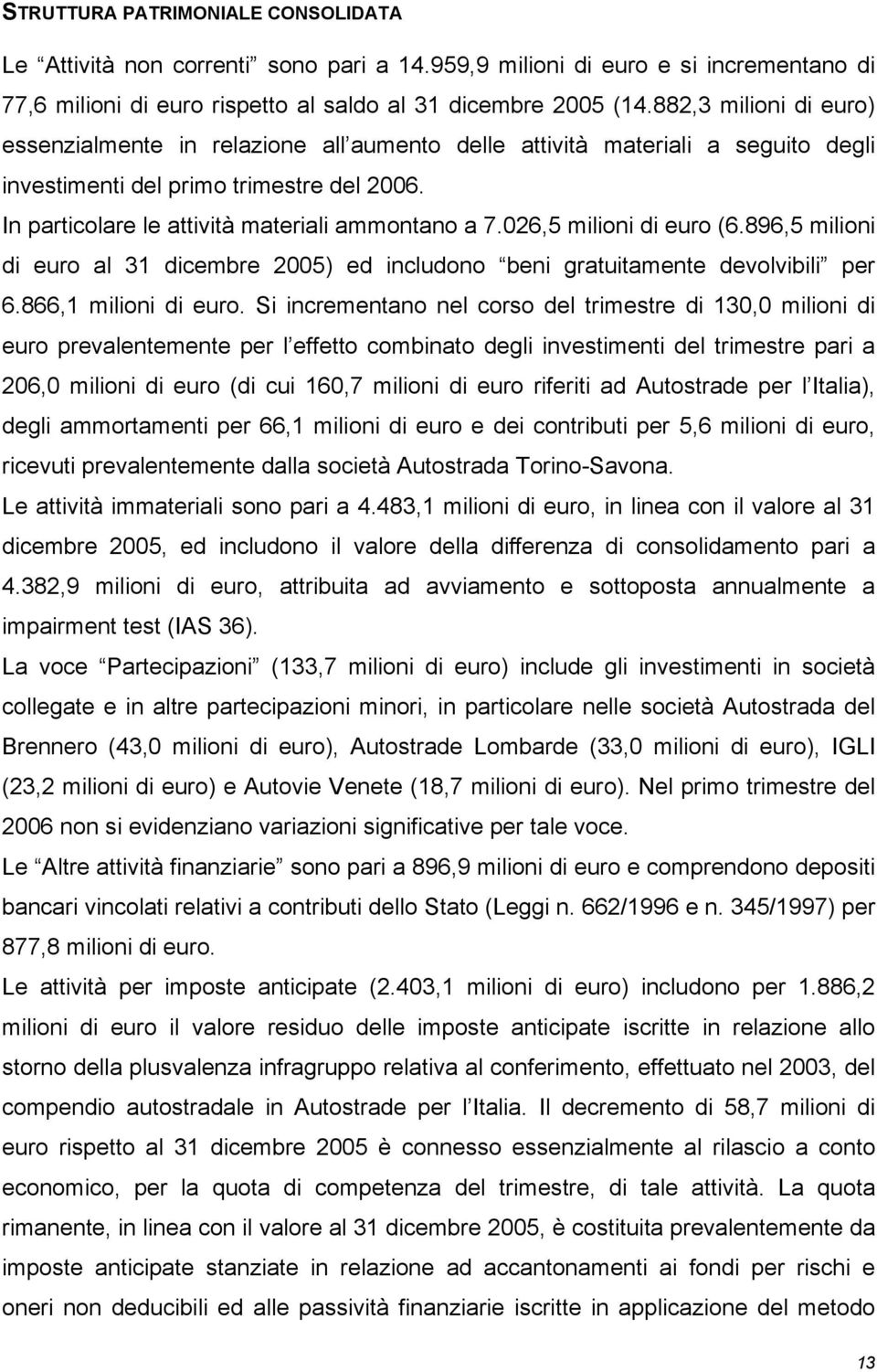 026,5 milioni di euro (6.896,5 milioni di euro al 31 dicembre 2005) ed includono beni gratuitamente devolvibili per 6.866,1 milioni di euro.